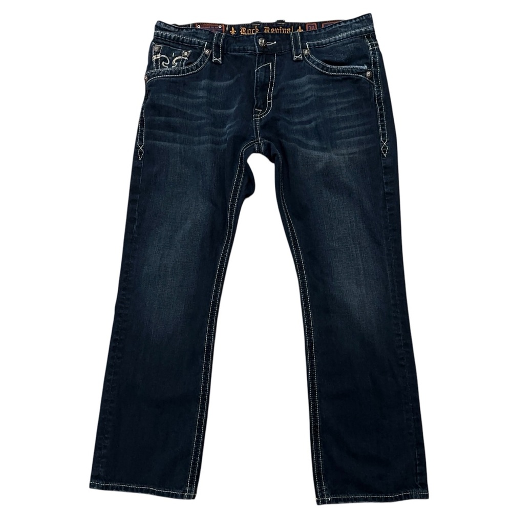 Rock Revival Jeans Mens Size 38 Denim Ray Straight Leg Flap Pockets Cross Blue